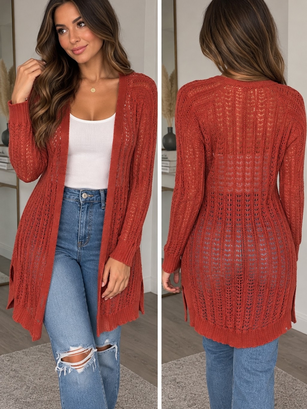 Rust Red Open-Knit Long Cardigan – Size Medium